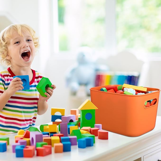 Hoolerry 8 Pack Storage Bins, 10.2 X 7 X 6.3 Inch Orange | Plastic Stackable Containers with Lid Handle, For Shelves Desktop Playroom Office, Organizing Toys Books Supplies Storage