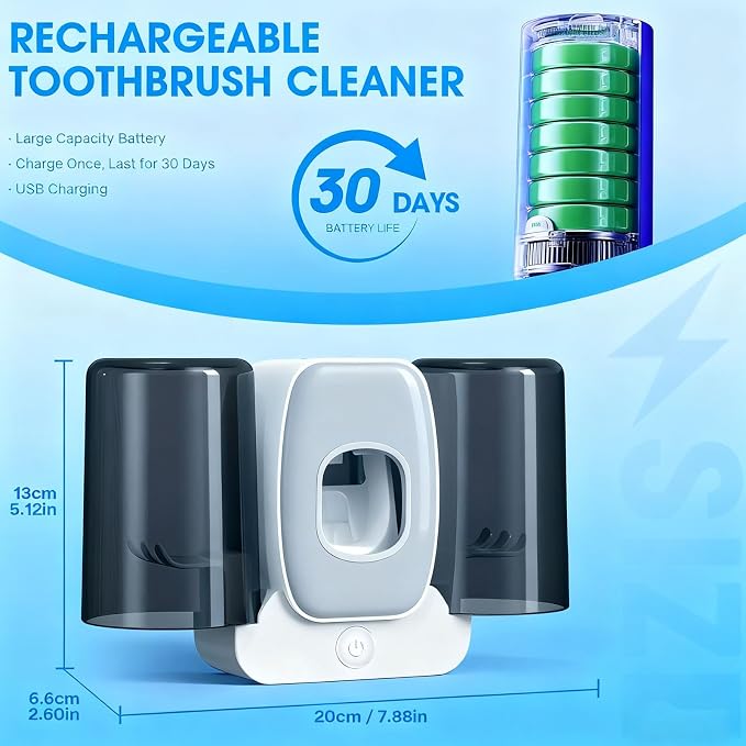 Rechargeable Toothbrush Holder,Wall Mounted Automatic Toothbrush Cleaning Tool with Toothpaste Dispenser & 2 Cups, No Drilling Bathroom Organizer for Family (White)