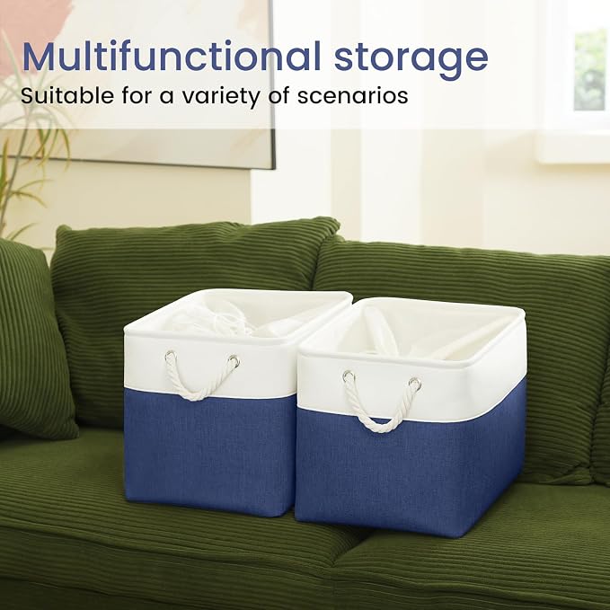 16x12x12 In Foldable Fabric Large Storage Bins with Handle 1 Pack | Storage Basket with Draw String Top, Sturdy Metal Strand, Cardboard Support Molding, for Shelf, Closet, Bedroom, White/Blue