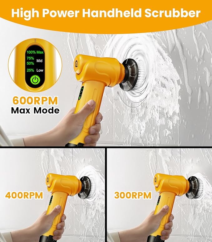 Electric Spin Scrubber Q4, 5000mAh Large Battery, 248-Min Runtime, 600RPM | Handheld Power Dish Scrubber with Display and 5 Brush Heads; Cordless Shower Cleaning Brush for Bathrooms, Sinks and Windows