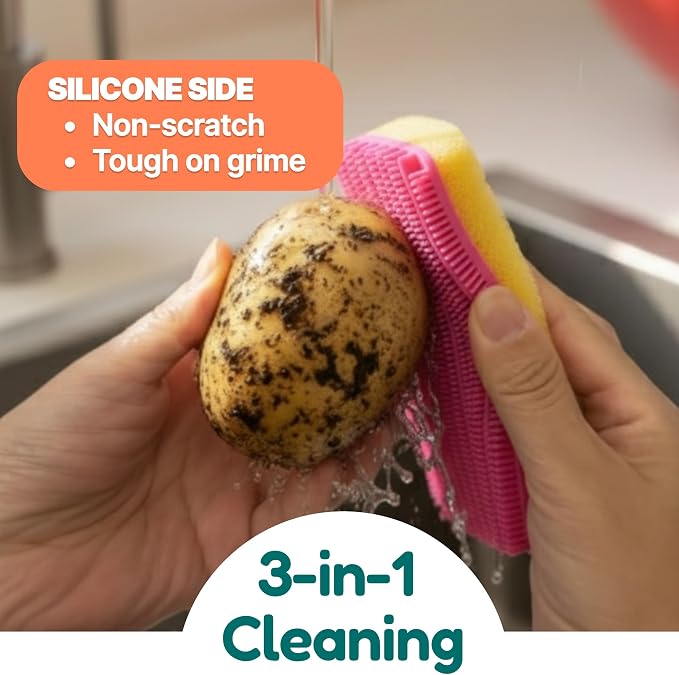 3-in-1 Silicone Scrubber Sponge with Squeegee – Non-Scratch Kitchen Sponge for Dishes, Sink & Bathroom, Quick-Dry, Reusable Cleaning Tool (Teal)