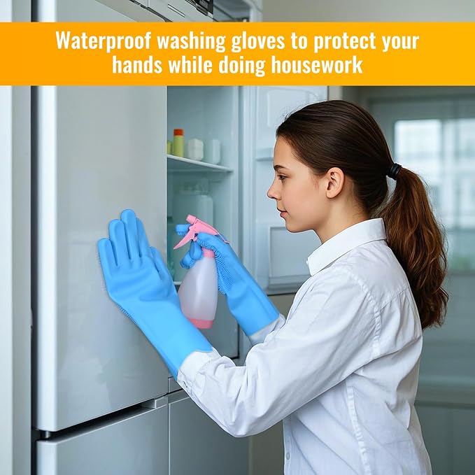 Silicone Dishwashing Gloves with Scrubbers, Pet & Dish Scrubbing（1pair, 12.2" L）