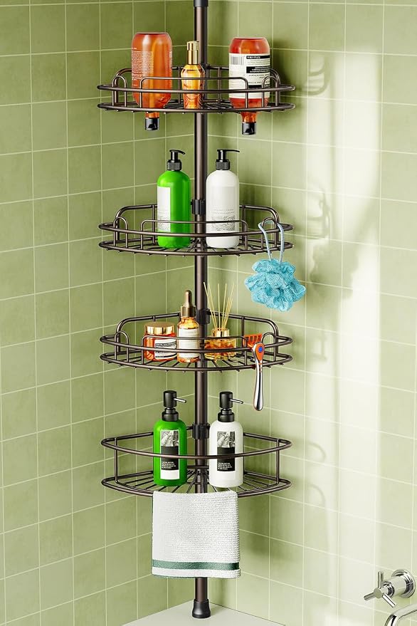 HAMITOR Corner Bathroom Organizer, 4-Tier Tension Pole Shower Caddy, Bronze | Rust-Resistant Adjustable Shelves, No-Drill Quick Install, Space-Saving Bathtub Storage For Renters, Families 47.7-123.7In