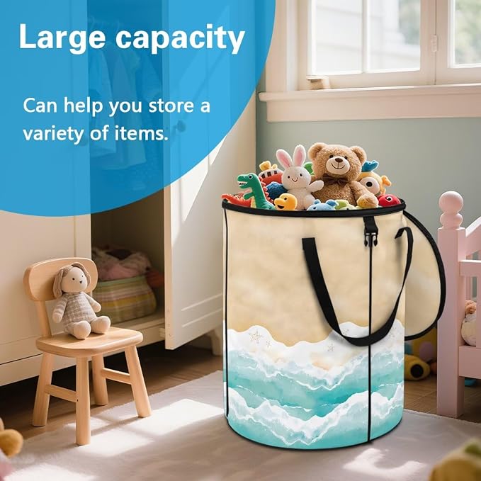 Collapsible Trash Can with Lid and Handle, Sandy Beach Print 24 Gallon Large Capacity Camping Trash Can Outdoor Picnics Stand-up Waster Bag Garden Leaf Bin