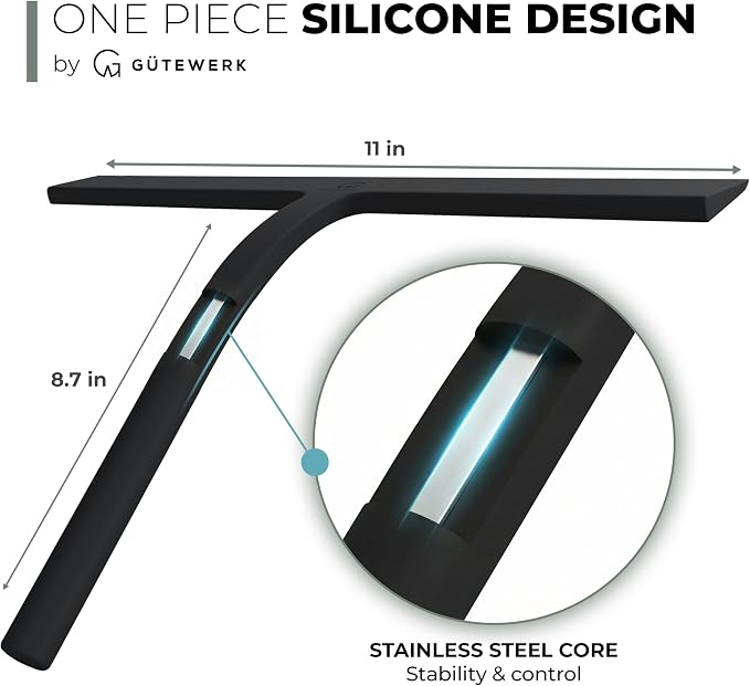 Silicone Shower Squeegee with 3-in-1 No-Drill Mount, Black, 11'' | Squeegee for Glass Doors & Mirrors with Stainless Steel Core, Streak-Free & No-Squeak Window Cleaning, Hook/Suction/Adhesive