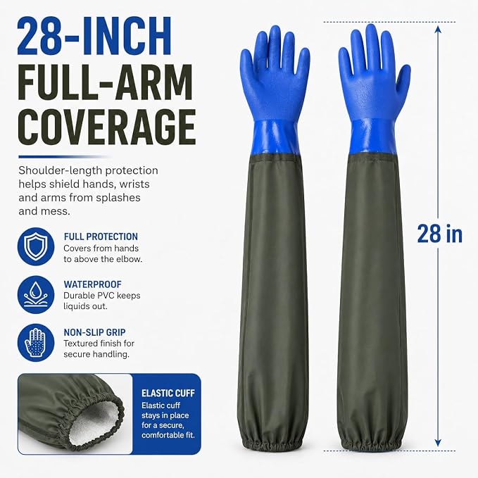 28 Inch Long Rubber Gloves, Heavy-Duty Waterproof PVC Work Gloves with Cotton Lining and Elastic Cuffs, Extended Arm Protection for Pond, Aquarium, Cleaning and Industrial Use, Blue, Large