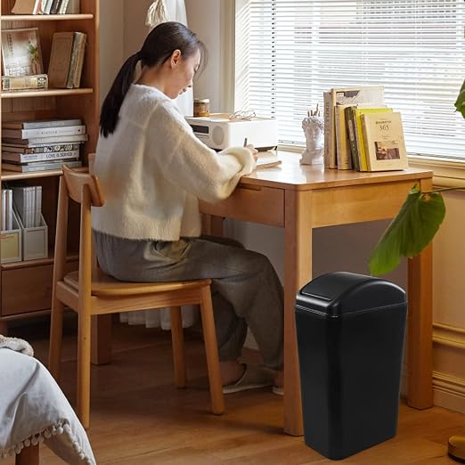 Plastic Trash Bin with Lid, Slim Trash Can, 3.5 Gallon, Black | Slim Garage Can with Swing Top Lid, 12 L Capacity, for Bedroom, Restroom, Bathroom