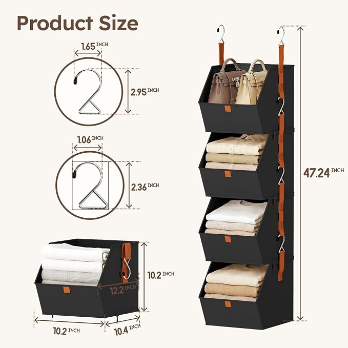Hanging Closet Organizer 4 Tier - Clothes Hanging Shelves, Space-Saving Closet System, Fabric Storage Bins Bedroom Organization, Collapsible Baskets for Home, Dorm, Rv, Black
