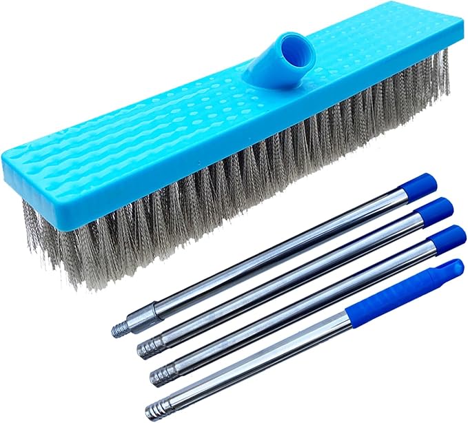 65" Long Handle Pool Brush - Heavy Duty Stainless Steel Wire Bristle Scrubber for Concrete Floor, Patio, Swimming Pool - 45° Angled Head, Long Handle Deck Broom