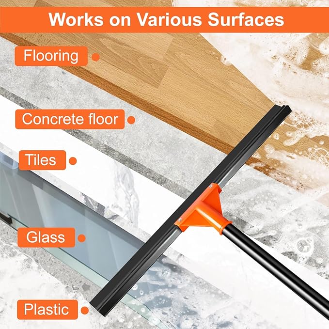 BUVE 18" Heavy Duty Floor Squeegee for Concrete Water Removal | Double-layer Rubber Wiper Broom|60" Long Metal Handle for Concrete Tile Garage Deck Bathroom Kitchen Pool|Orange