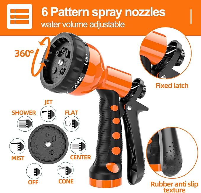 SPECILITE 3/8" Lightweight Coil Garden Hose 100 FT, EVA Flexible Water Hose | Curly Pipe with 6-Pattern Spray Nozzle for Outdoor, Boat, Greenhouse, Yard, Patio, Orange