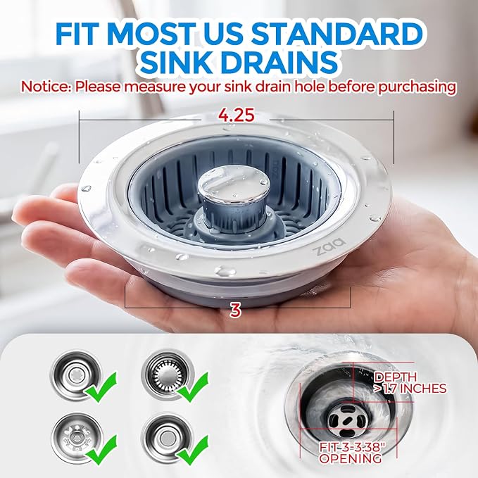 zaa 3 in 1 Kitchen Sink Drain Strainer Stopper Removable Basket Pop-Up | Kitchen Sink Food Strainer 1 Pack Silver Stainless - Food Catcher, Odor-Block Seal, Fits 3.5" Drain, Easy Clean