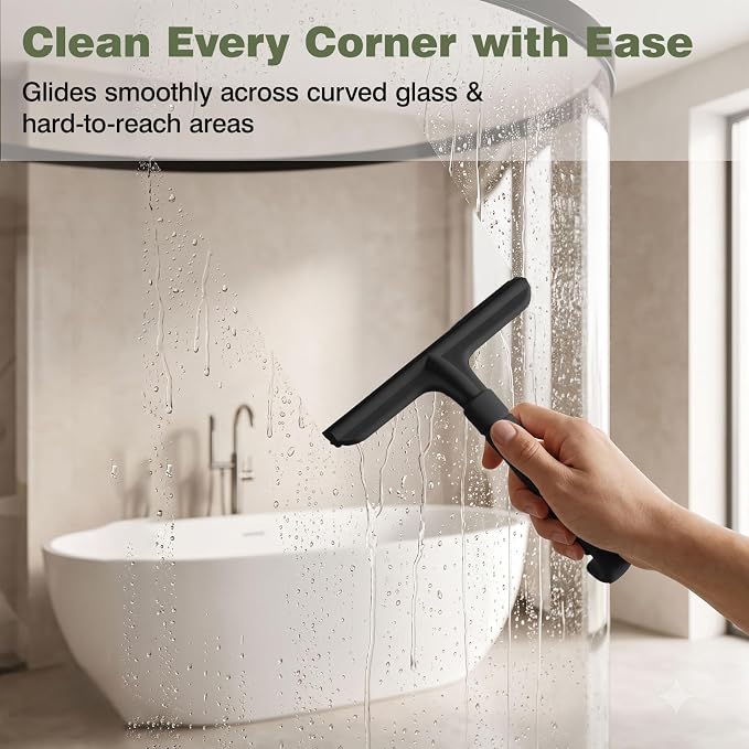 Roylvan Silicone Shower Squeegee for Glass Doors with Built-in Hook, Black | All-in-One Shower Squeegee with Ergonomic Grip, Household Window Mirror Cleaner for Bathroom Glass Kitchen Tile Wall Car
