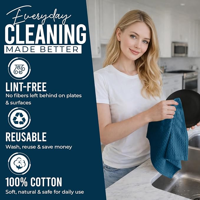DAN RIVER Premium Dish Cloth 100% Cotton 12X12 Inches Pack of 8-Blue Opal | Terry Kitchen Towels Ultra Soft Tea Towels-Highly Absorbent Kitchen Rags-Terry Dishcloth for Kitchen and Household Cleaning