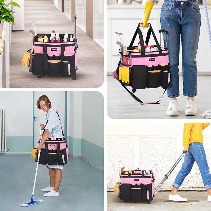 JKAOO Large Rolling Cleaning Caddy Bag with Detachable Trolley, Pink | Waterproof Cleaning Caddy with Wheels, 40L Wheeled Organizer Cart for Supplies, Housekeepers, Home, Office, Car, Picnic