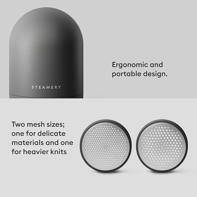 Steamery Pilo Icon Fabric Shaver for Clothes, Rechargeable Lint Remover & Sweater Shaver with USB-C, Replaceable Battery, Dual Mesh Covers, Large Shaving Surface, Scandinavian Design (Black)