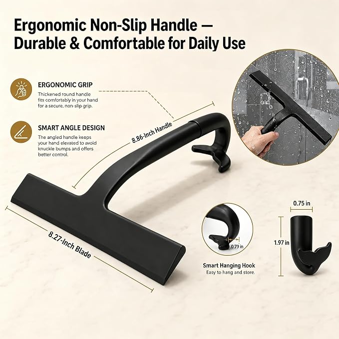 Shower Squeegee for Glass Doors: Streak-Free Silicone, 8.27 inch | One Swipe Silicone Blade, Built-in Hook for Easy Hanging, Versatile for Bathroom Mirror & Car Window (Classic Black)