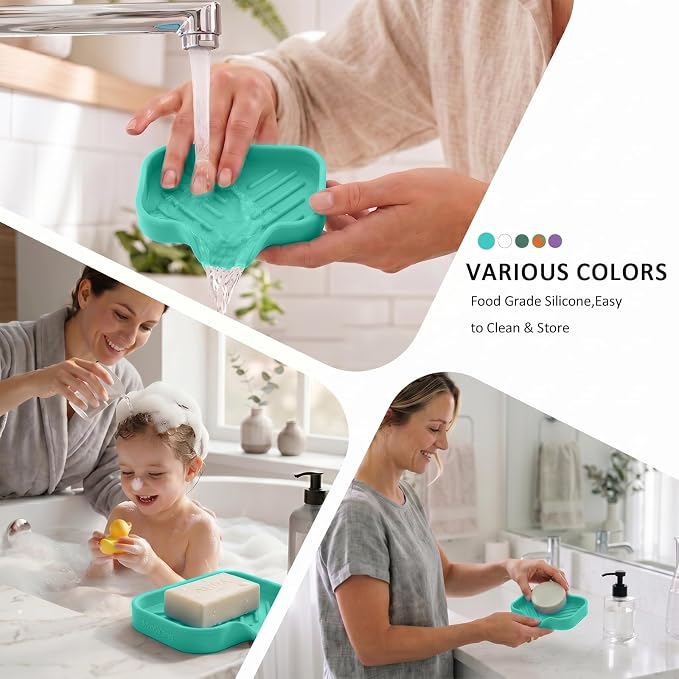 MicoYang Silicone Soap Dish with Drain Spout, Self-Draining Sink Organizer Tray for Bathroom and Kitchen, Sponges, Dispensers & Soap Holder, Non-Slip & Dishwasher Safe, Navy Blue (Compact, 4.9"×3.2")