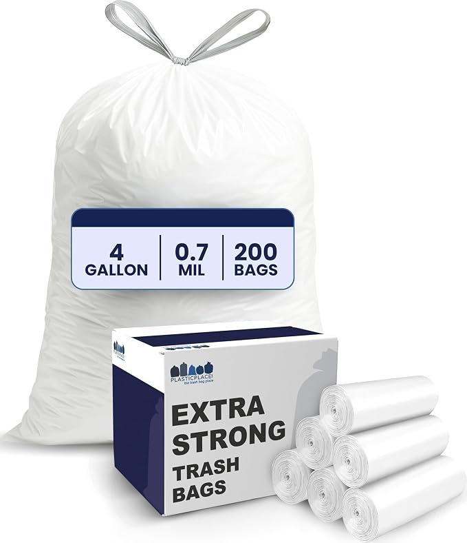 Plasticplace 4 Gallon White Drawstring Trash Bags, 200 Count (Pack of 1) – 0.7 Mil Leak-Proof Garbage Liners for Small Trash Can, Bathroom, Kitchen, Office, and Car Use