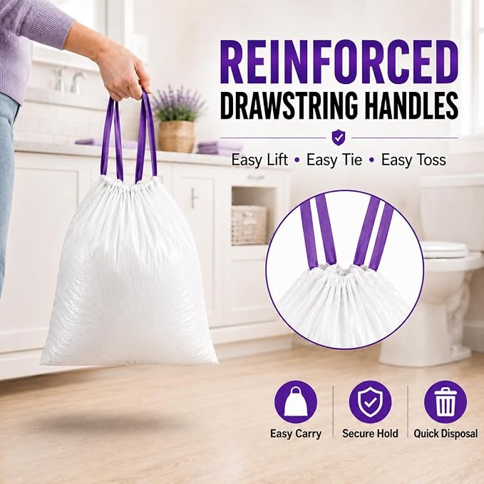4 Gallon Trash Bags, 200 Count, Lavender Scented Drawstring Bags | White Small Garbage Bags for Bathroom, Bedroom, Office and Wastebaskets, Bulk Value Pack for Small 4 Gallon Trash Cans