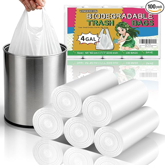 4 Gallon Small Trash-Bags With Handles - White 4 Gal Bathroom Mini Garbage Bags 100 Count 15 Liter Kitchen Car Office Unscented Biodegradable Little Wastebasket Liners Strong Thick Bulk Vincereon