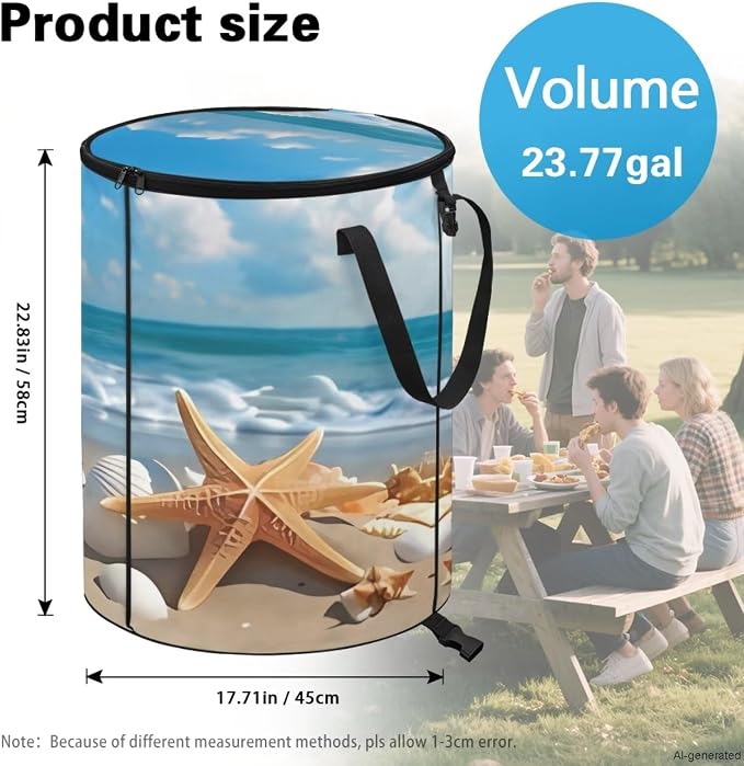 Beach Starfish Shell Collapsible Trash Can 24 Gallon Pop-Up Outdoor Garbage Can with Handles Waterproof Lightweight Storage Bag with Lids for Camping, Backyard, Hiking