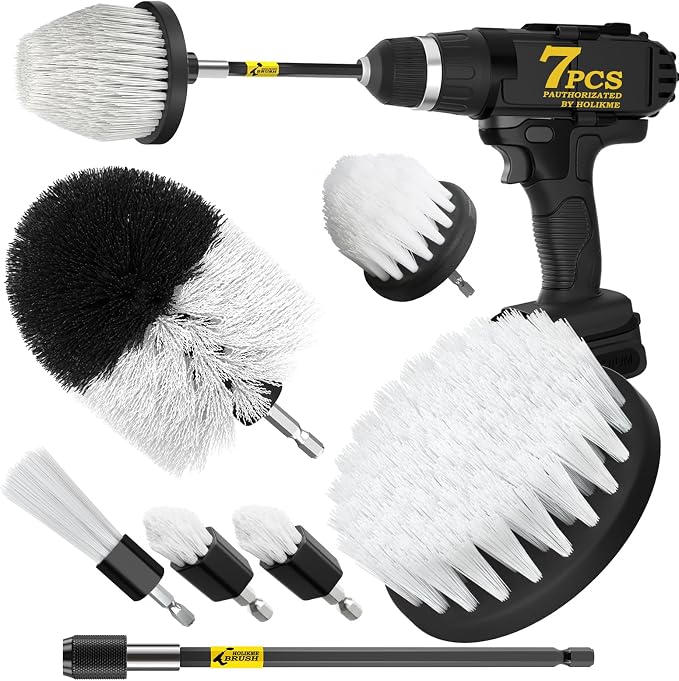 Holikme 7Pack Drill Brush Set with Extension for Car & Home Cleaning | 6 White Nylon Brushes, Power Scrubber Cleaning Kit for Deep Clean, Reaches Corners, Grout, Shower, Carpet, Kitchen