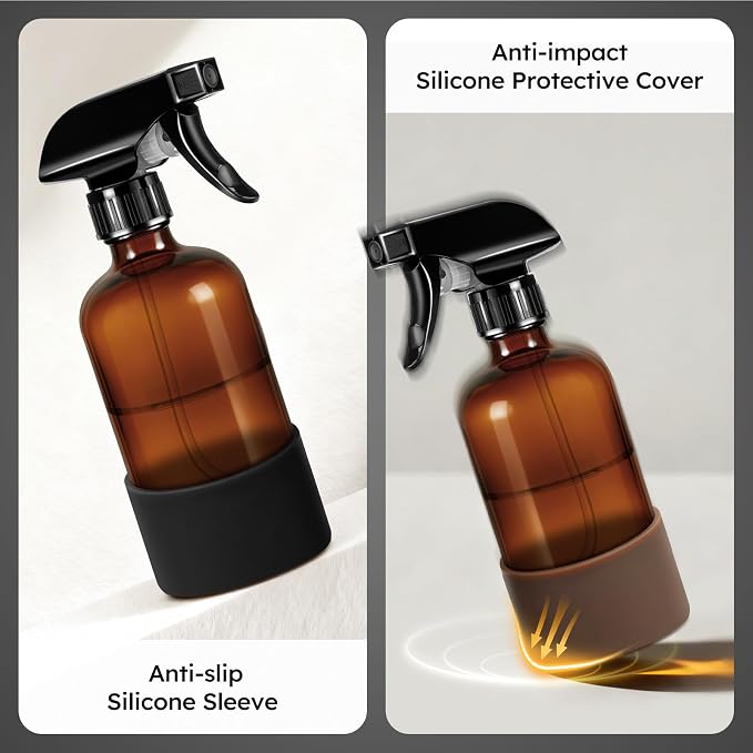 Tecohouse 360° 16 oz Clear Glass Spray Bottles with Silicone Sleeve 2 Pack | 360° All-Angle Spray, Non‑slip Silicone Protective Covers, for Cleaning Solutions, Plants, Hair Care (Black & Brown)