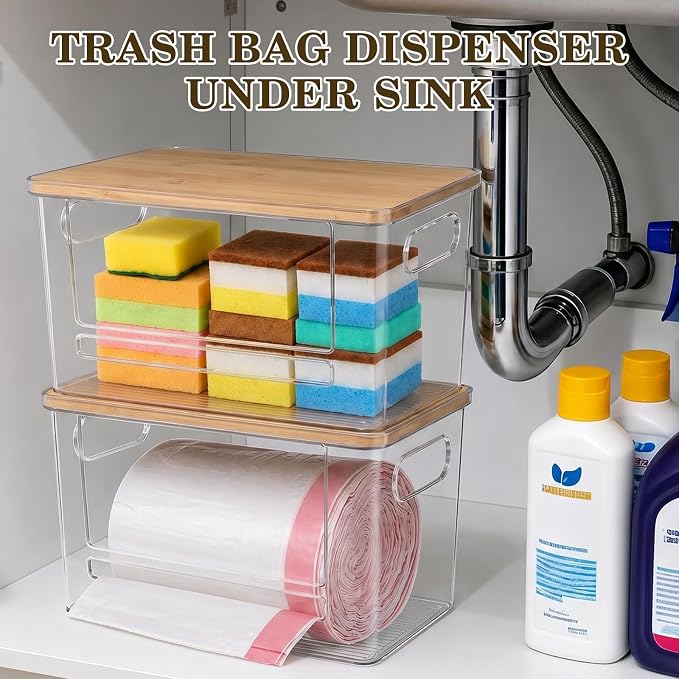 Trash Bag Dispenser Under Sink Organizer for Pantry, Kitchen, 2 Pack | Acrylic Garbage Bag Dispenser, with Bamboo Top & Handles, Extra Large, Keep Onions and Potatoes Neat, Clear, Stackable