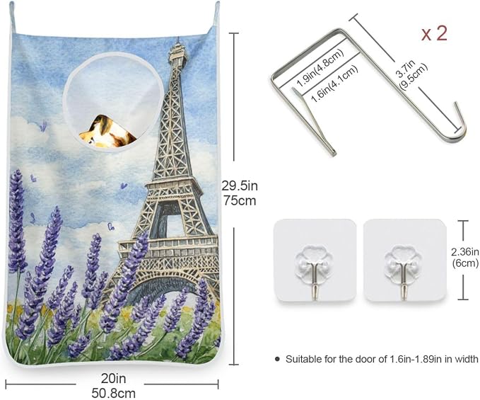 Hanging Laundry Hamper with Stainless Steel Hooks,Oxford Fabric Printing Door Laundry Clothes Bag, 29.5X20inch 2PCS Lavender Eiffel Tower Watercolour Blue