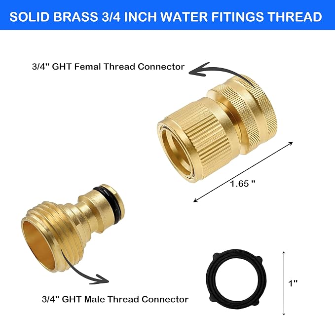Hourleey Garden Hose Quick Connector, Solid Brass 3/4 Inch GHT Thread Garden Quick Connect Kit, Male and Female No-Leak Water Hose Fittings (6 Set)