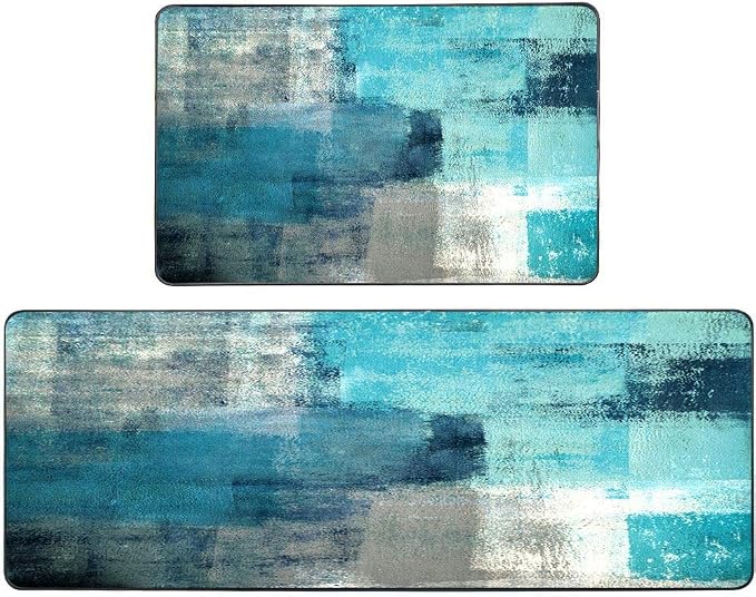 TOMWISH Kitchen Mats Turquoise and Grey Abstract Art Kitchen Rug | 20"X48"+20"X30" Washable Non-Slip Kitchen Rug Set for Kitchen Dining Room,Floor Home,Office,Sink,Laundry