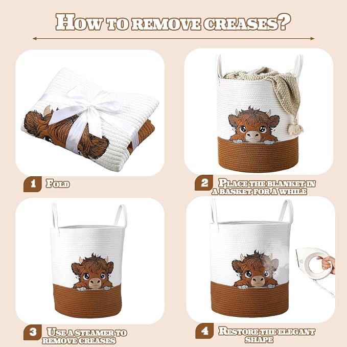 Honeydak Highland Cow Laundry Basket Brown Tall Cotton Rope Laundry Hamper Large Nursery Storage Basket for Toy Clothe Bathroom Bedroom Organization Decor, 15 x 17.7 Inches