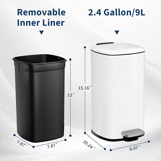 Garvee Bathroom Trash Can with Lid, 2.4 Gallon Slim Garbage Can, White | Step Pedal, Soft-close Lid, Rear Handle, Removable Plastic Inner Liner with Trash Bag Retainer Ring, for Kitchen, Office