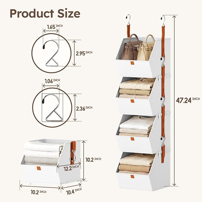Collapsible Hanging Closet Organizer - 3 Tier Closet Shelves Storage System with Hooks, Fabric Hanging Storage Bins for Clothes, Foldable Storage Basket for Laundry, Bedroom, Rv, White