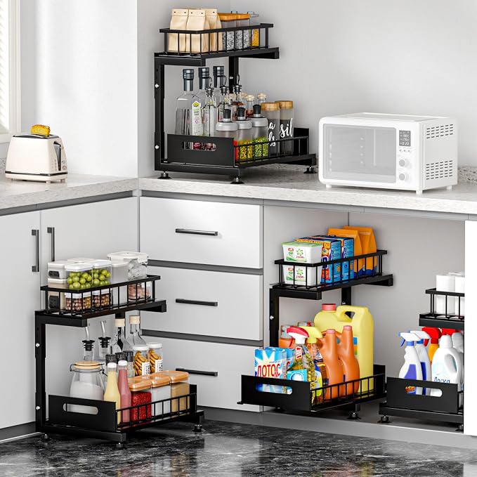 Saydear 2-Pack L-Shaped Under Sink Organizer, 2-Tier Pull-out Cabinet Rack | Black Height-Adjustable Metal Rack, Sliding Grid Drawers with Safety Stopper, Holds 100 Lbs, Ideal Kitchen Cabinet Storage