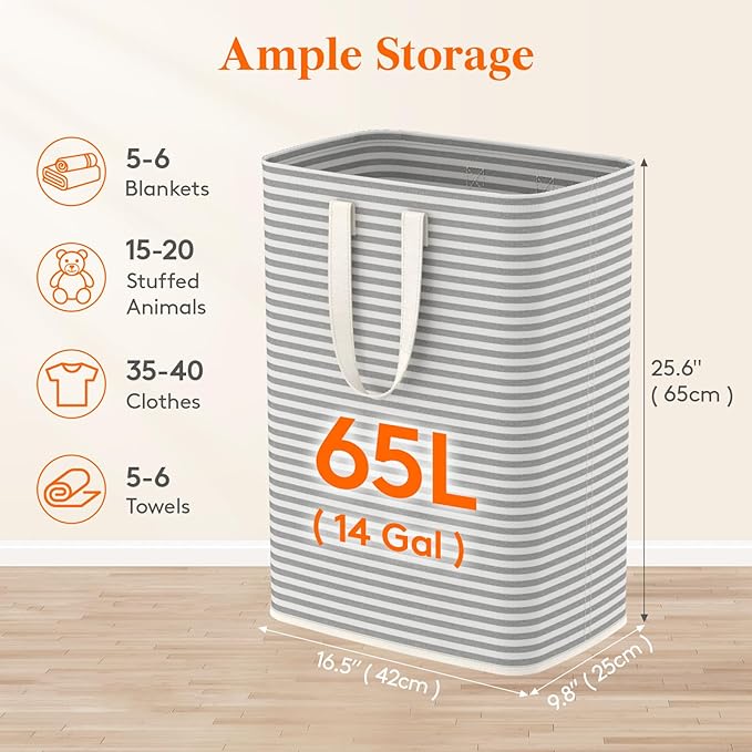 Lifewit 65L Collapsible Laundry Basket with Extended Handles, Grey | Foldable Laundry Hamper, Slim Dirty Clothes Basket, Waterproof, Freestanding Design for Bedroom, Bathroom, College Dorm