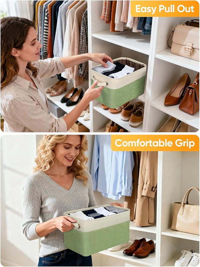 BALEINE 3 Pack Fabric Closet Storage Bins for Shelves, Linen Closet Organizers and Storage, Decorative Baskets for Organizing, Shelf, Clothes, Home, Office (Green, 14''x10''x8.5'')