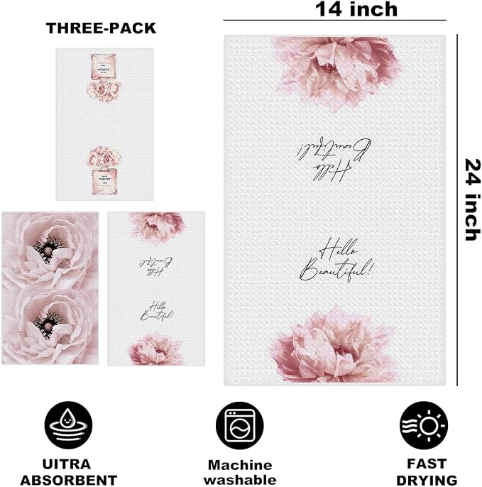 3 Pcs Pink Hand Towels, Perfume Flower Decor Reusable Dish Towels | Fashion Gifts for Women Girls Mom Friend, Waffle Weave Microfiber Towels for Bathroom Home Decor 24x14 Inch