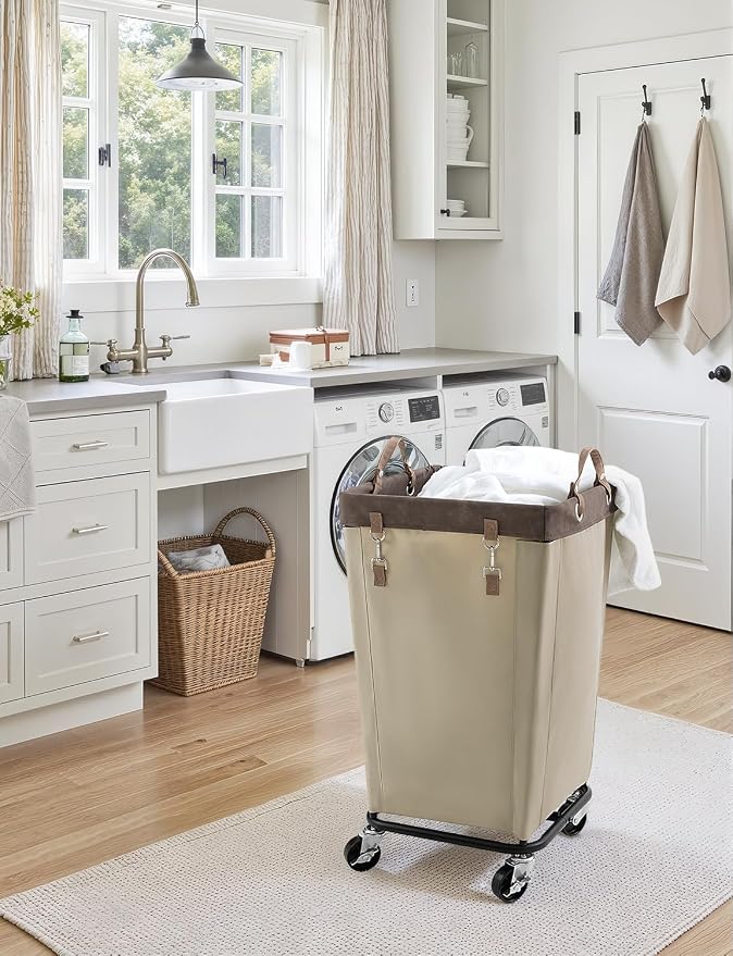 StorageWorks 160L Laundry Basket with Wheels, Rolling Hampers for Clothing | Light Kahki Laundry Basket with Wheels, Metal Frame & Handles, Rolling Hamper for Bedroom, Bathroom, Dorm, Hotel