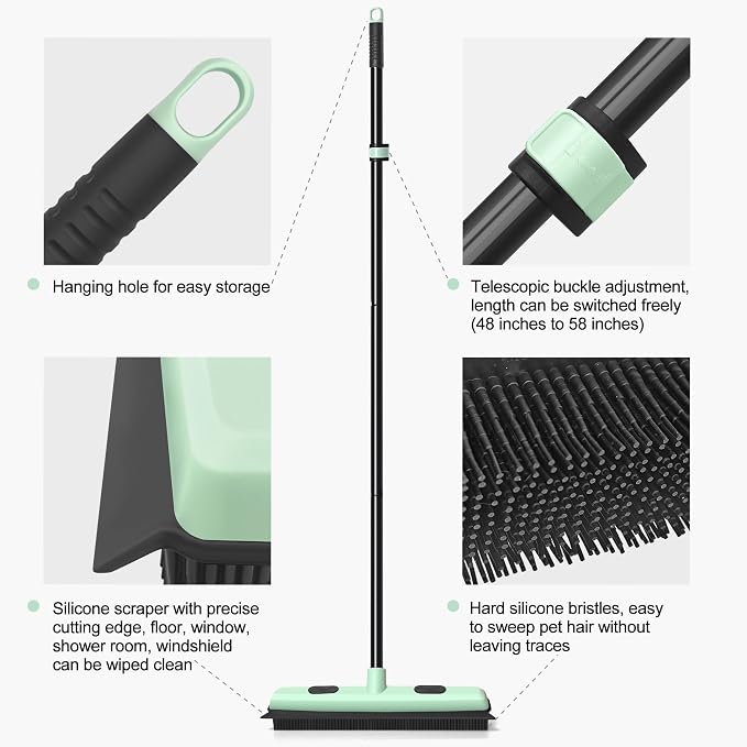 Upgraded Rubber Broom Pet Hair Remover with Squeegee 57.9'' Carpet Rake Fur Sweeper Small Detailing Lint Brush to Fluff Carpet Rug Tile Hardwood Floor