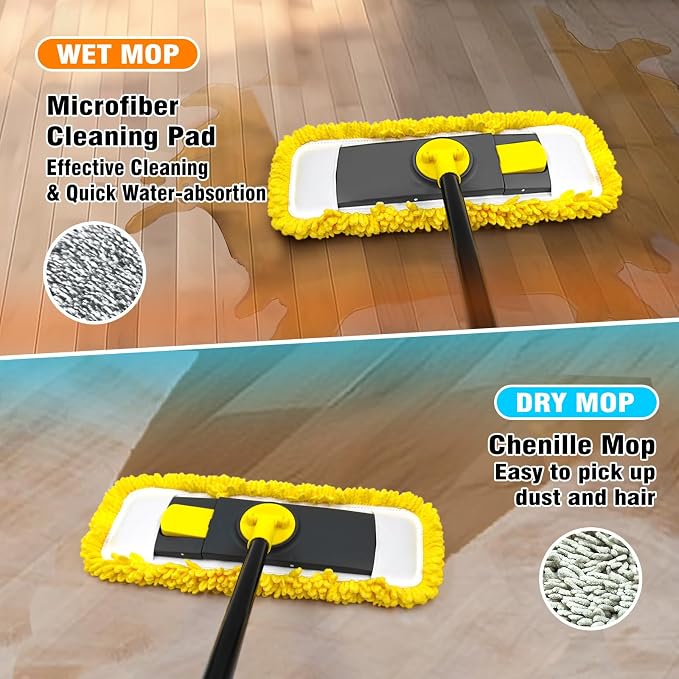 Dust Mop with Microfiber & Chenille Pads, Dry Wet Flat Mop for Cleaning Hard Wood Laminate Tile Vinyl Kitchen Bathroom Home (Yellow)