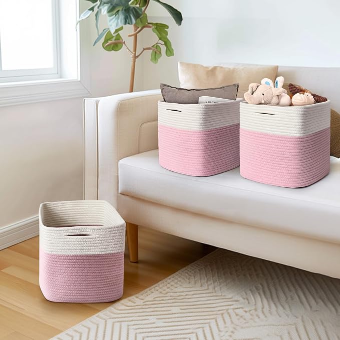 11x11 Cube Storage Bin - 3 Pack Woven Storage Cubes Organizer, 11 Inch Cotton Rope Baskets for Organizing, Decorative Square Shelf Baskets Closet Bins, Toy Boxes for Girls, Pink Room Decor