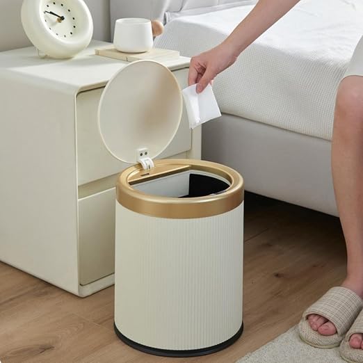 URALFA Bathroom Trash Can Automatic Touchless, Motion Sensor Trash Can | 3.7 Gal Bathroom Garbage Can with Lid, Smart Waterproof Trash Bin for Bedroom, Office, Restroom, Cream White and Gold