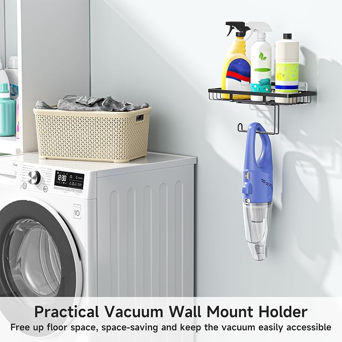 Vacuum Holder Wall Mount, Cordless Vacuum Wall Mount Holder for Handheld & Stick Vacuums Accessories, Heavy Duty Metal Vacuum Stand with Storage (Black)