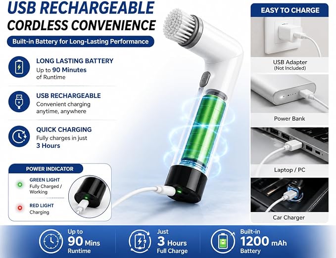 Electric Spin Scrubber Cordless Cleaning Brush, USB Rechargeable Power Scrubber for Bathroom, Kitchen, Tile, Grout, Sink & Shower Cleaning, 4 Replaceable Brush Heads, Portable Handheld Cleaning Tool