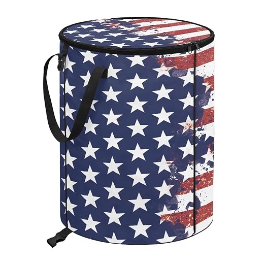 doginthehole 4th of July Decor Collapsible Trash Can with Lid Patriotic American Flag Trash Can 23 Gallon Waterproof Portable Outdoor Waste Bin for Car, Camping, Picnic, Independence Day Decorations