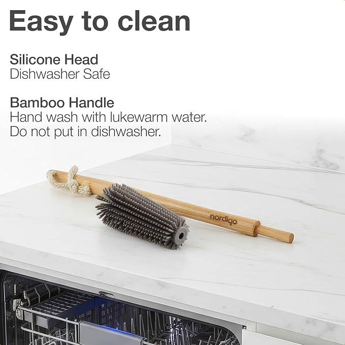 16" Extra Long Bamboo Bottle Brush with Plastic-Free Silicone Head | Cleans deep bottles effortlessly. Ergonomic bamboo handle and flexible silicone brush head. Hygienic hang cord.