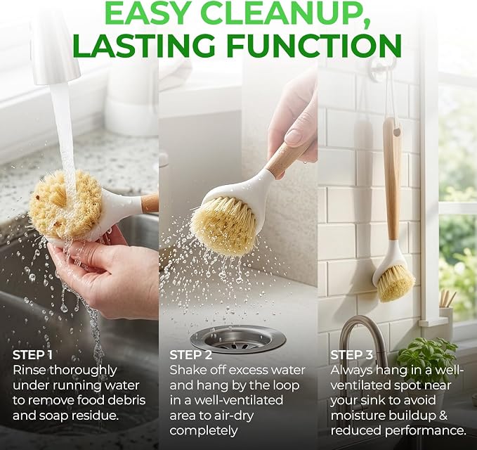 Wooden Dish Brush Set of 2 - Dish Brush with Handle Made of Wood & Sisal Bristles, Non Scratch Kitchen Scrub Brush for Dishes, Pots & Pans, Dish Scrubber with Plastic Free Bristles