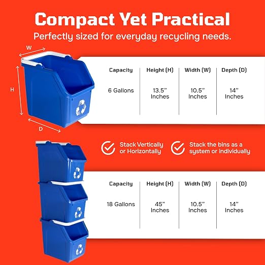 Yellow Recycle Bin 6 Gallon Stackable Recycle Bins for Kitchen with Handle | Kitchen recycling bin with stackable space-saving design maximizes recycling capacity in kitchens, offices, garages & homes